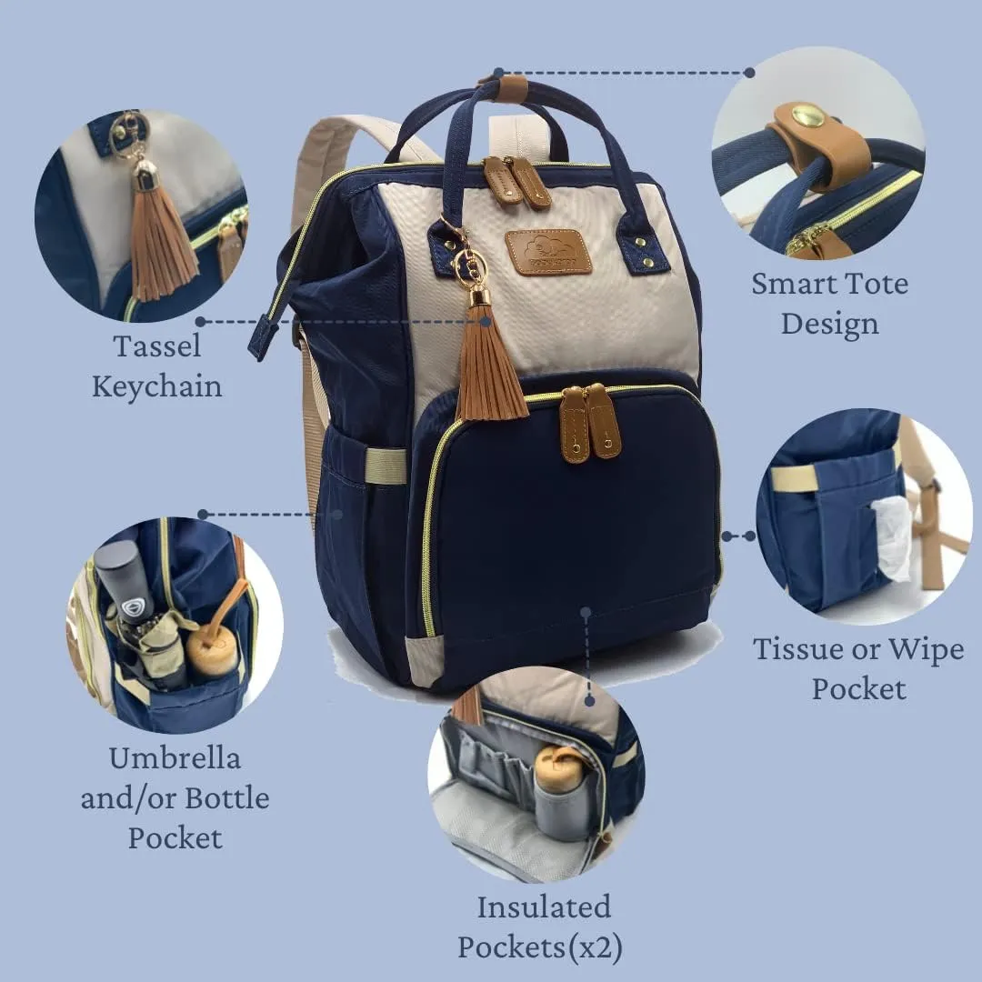 Diaper Bag Backpack, Large Capacity, Shower gift, Water Resistant, Tote, Travel Bag & FREE Accessories (Navy-Light Beige)
