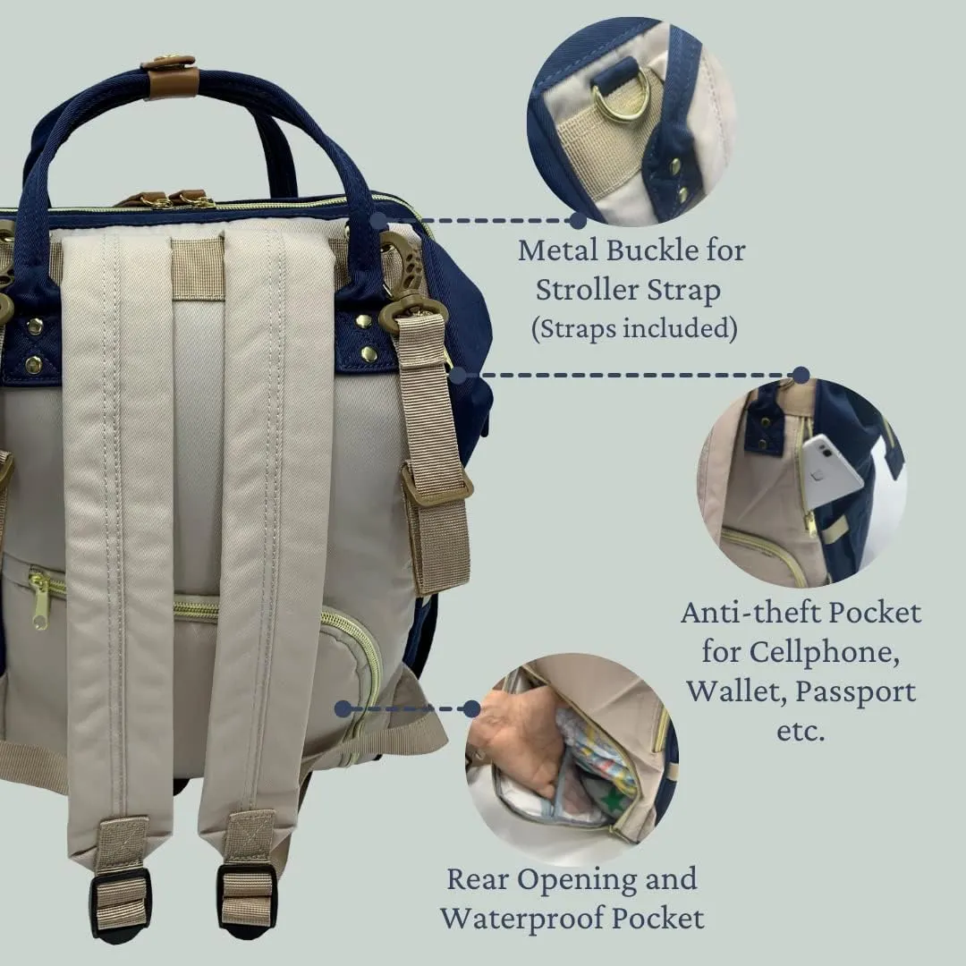 Diaper Bag Backpack, Large Capacity, Shower gift, Water Resistant, Tote, Travel Bag & FREE Accessories (Navy-Light Beige)