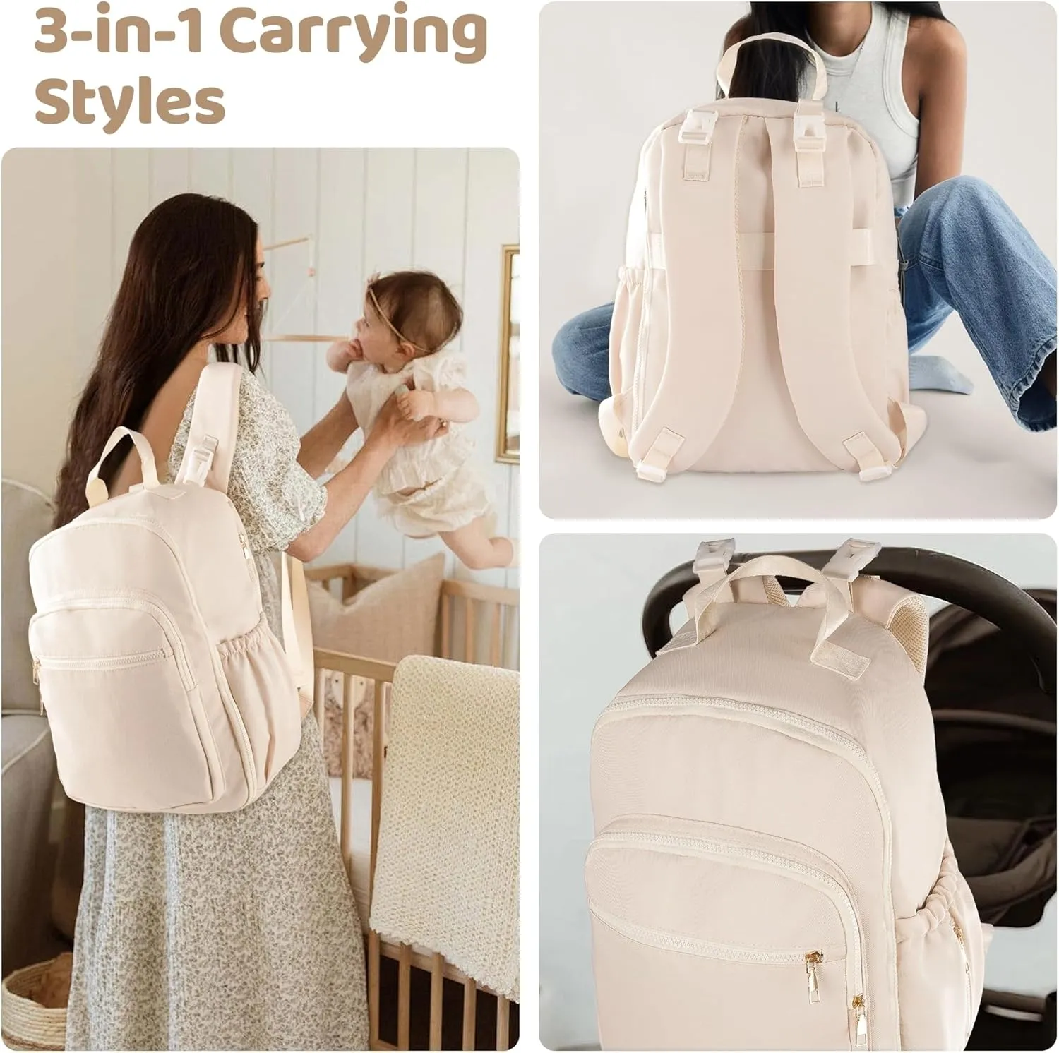Diaper Bag Backpack Small Diaper Baby Bag for Travel, Mini Lightweight Diaper Backpack with Changing Pad Insulated Pockets (Beige)