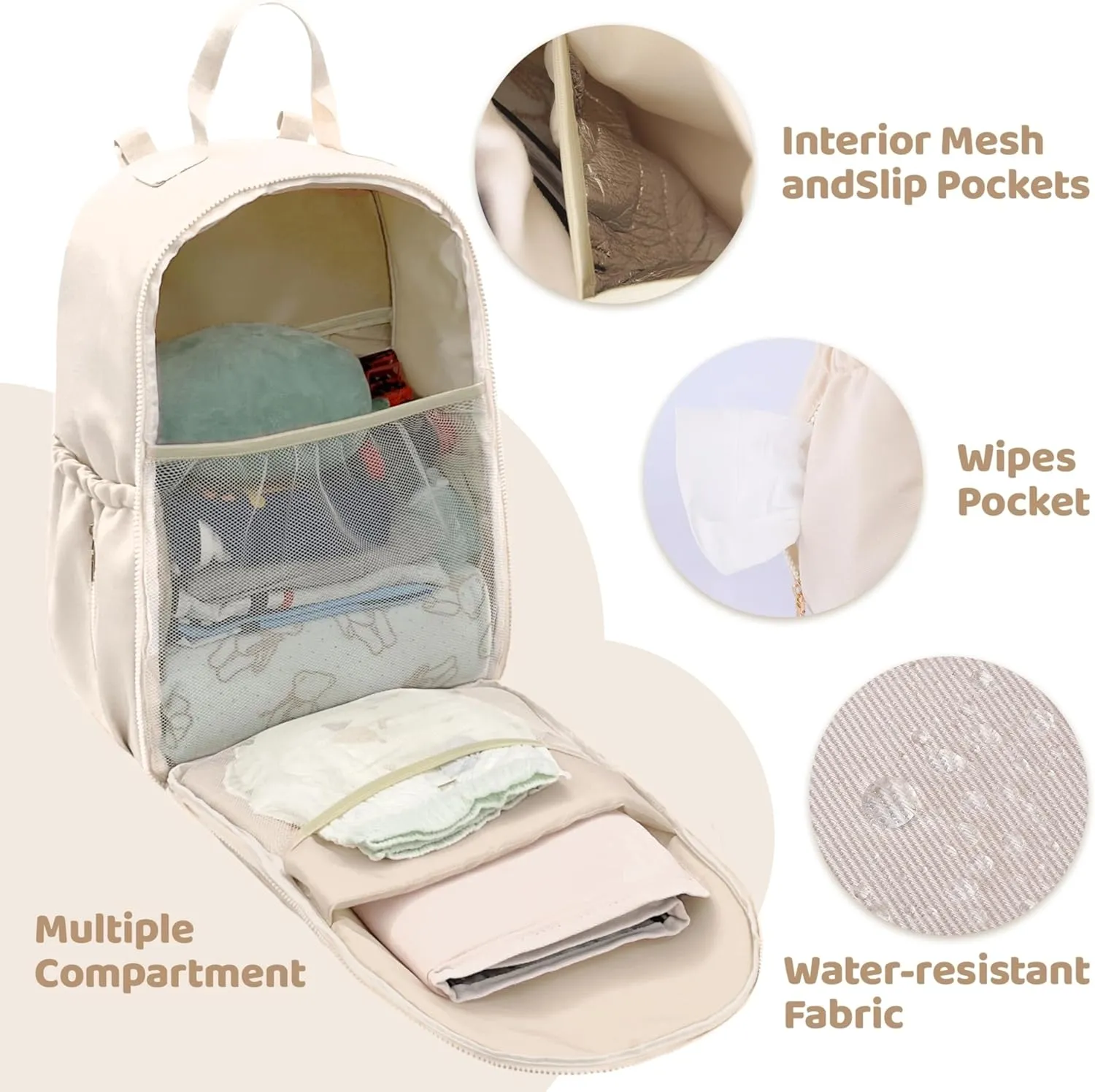 Diaper Bag Backpack Small Diaper Baby Bag for Travel, Mini Lightweight Diaper Backpack with Changing Pad Insulated Pockets (Beige)