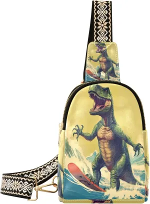 Dinosaur Surfing Small Sling Bag for Women Pu Leather Crossbody Bag Casual Chest Bag with Adjustable Shoulder for Travel Shopping