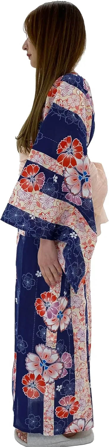 Dita Women's New Separate Yukata Set with Easy Wearing Top, Wrap Skirt, and Pleated Heko Obi Belt (Japanese Casual Kimono)