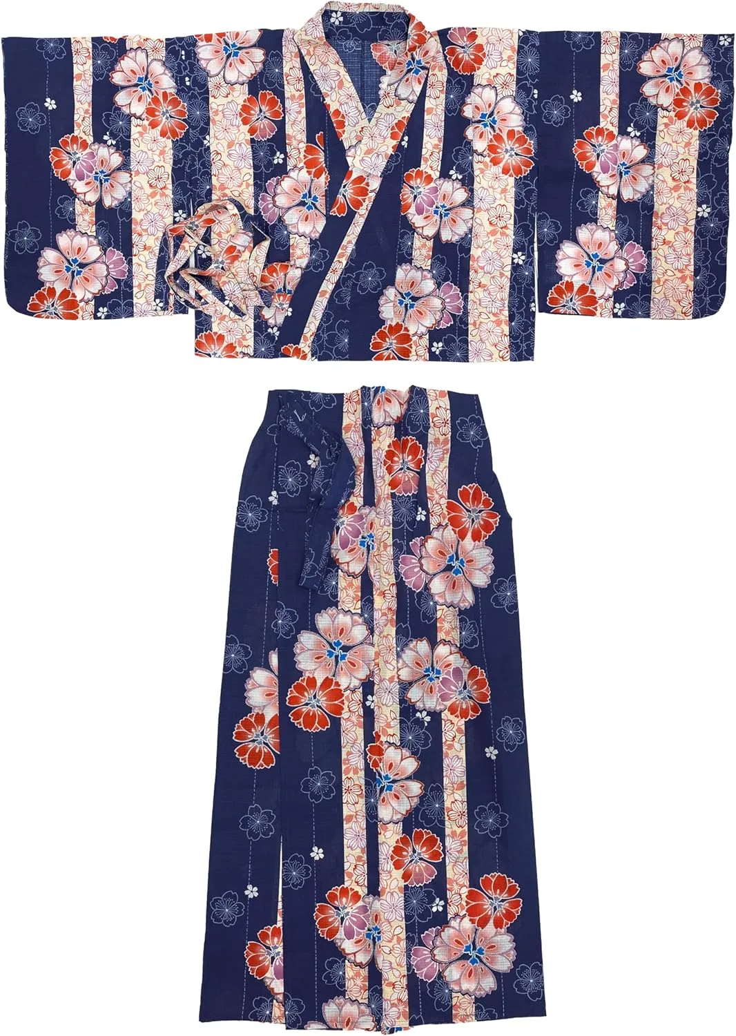 Dita Women's New Separate Yukata Set with Easy Wearing Top, Wrap Skirt, and Pleated Heko Obi Belt (Japanese Casual Kimono)