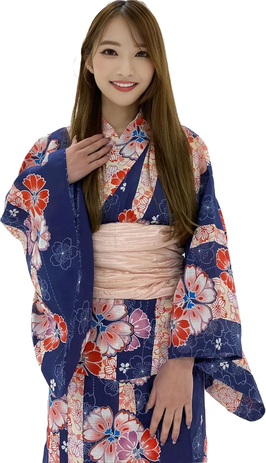 Dita Women's New Separate Yukata Set with Easy Wearing Top, Wrap Skirt, and Pleated Heko Obi Belt (Japanese Casual Kimono)