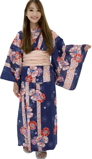 Dita Women's New Separate Yukata Set with Easy Wearing Top, Wrap Skirt, and Pleated Heko Obi Belt (Japanese Casual Kimono)