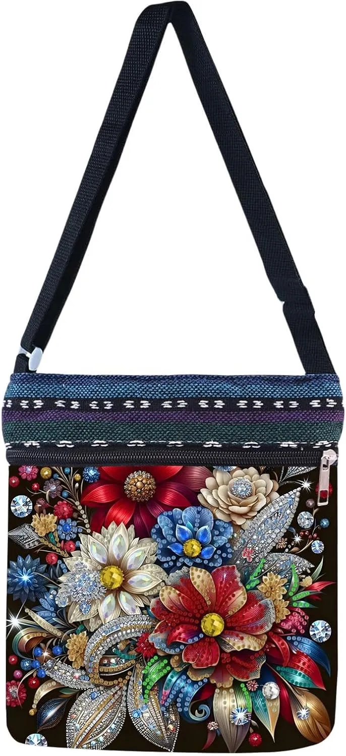 DIY Diamond Art Painting Crossbody Bag Canvas Ethnic Minority Style Unique Fashion Single Room Messenger Bag for Women-Flower-D