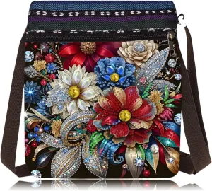 DIY Diamond Art Painting Crossbody Bag Canvas Ethnic Minority Style Unique Fashion Single Room Messenger Bag for Women-Flower-D