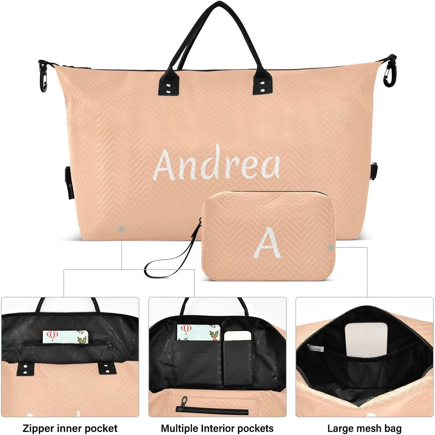 DOMIKING Peach Fuzz Orange Personalized Duffel Bag Foldable Weekender Bag Overnight Bags for Women Men Custom Travel Bag with Toiletry Bag for Women Business Weekend, 2 Pcs