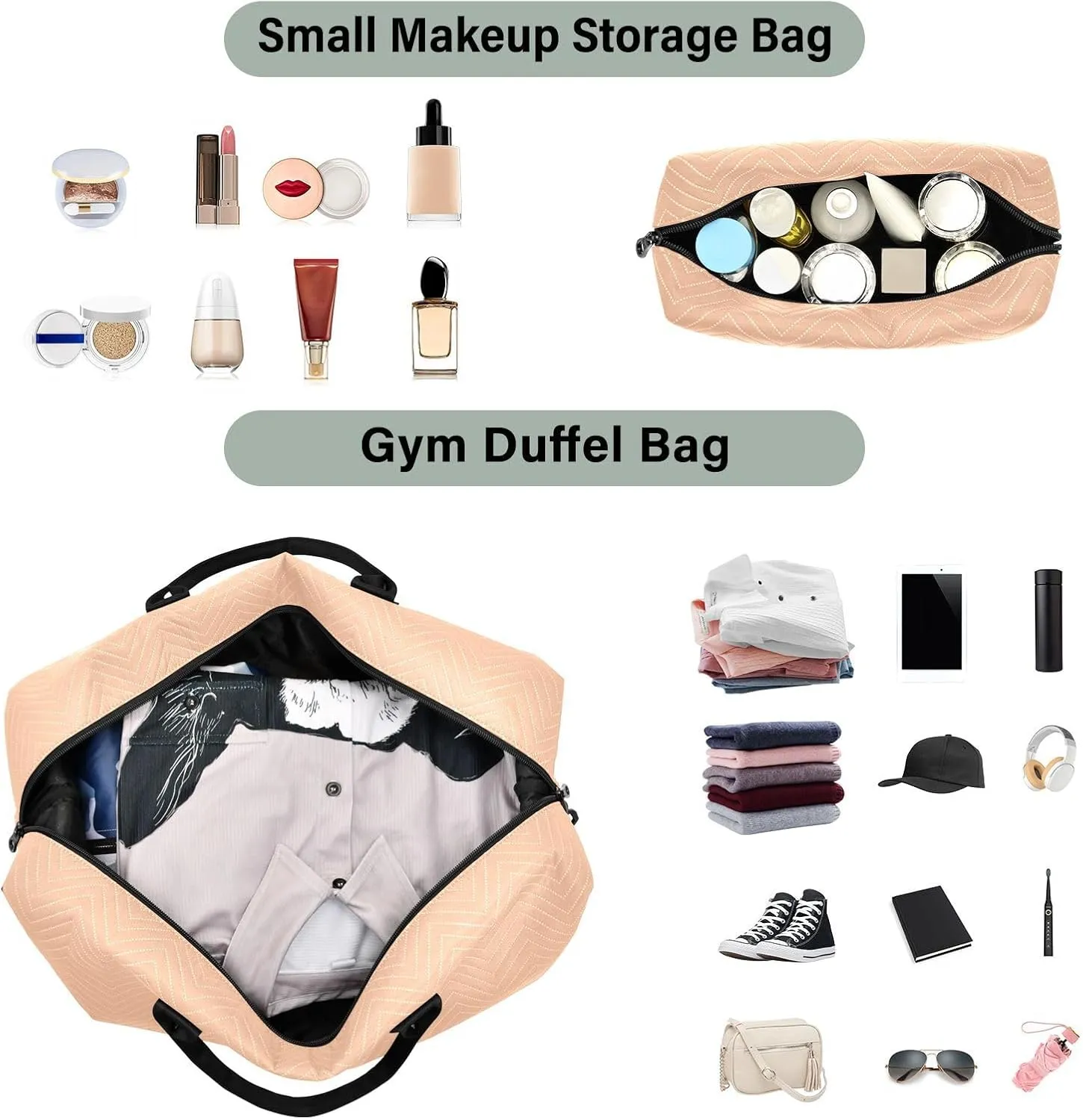 DOMIKING Peach Fuzz Orange Personalized Duffel Bag Foldable Weekender Bag Overnight Bags for Women Men Custom Travel Bag with Toiletry Bag for Women Business Weekend, 2 Pcs