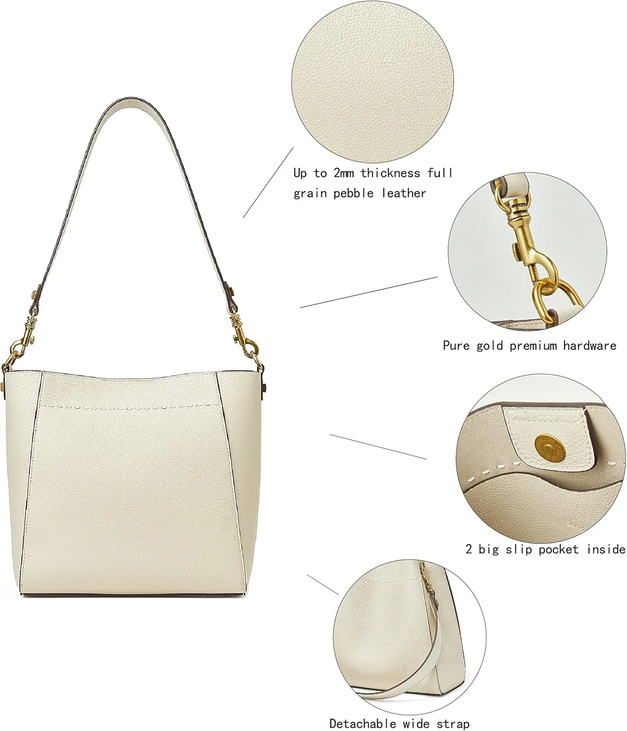 DORIS&JACKY Leather Bucket Tote Bags for Women Designer Shoulder Hobo Purse and Handbags with Detachable Wide Strap
