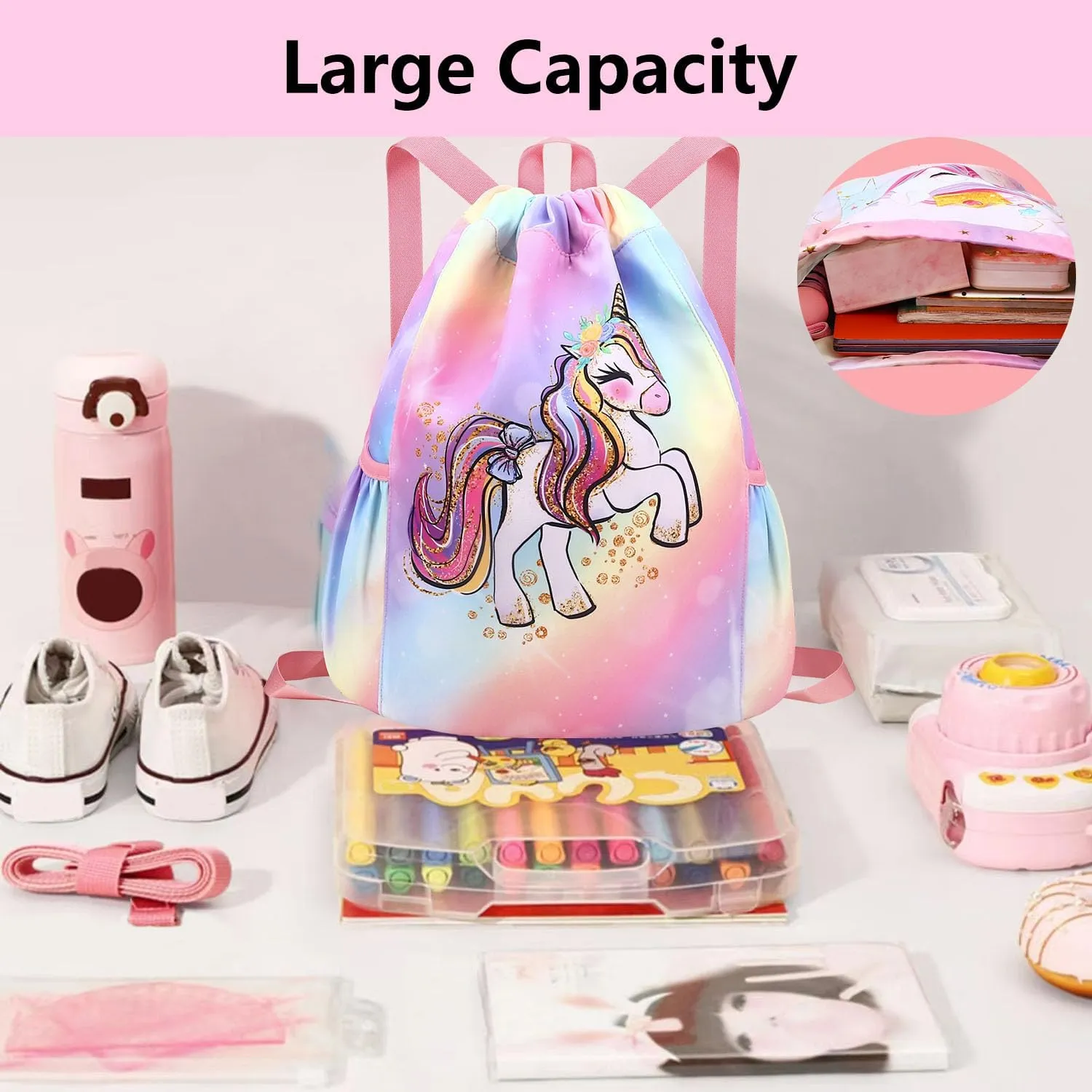 Drawstring Backpack for Kids - Girls Dance Bag,Sport Gym Beach Swim Travel Daypack