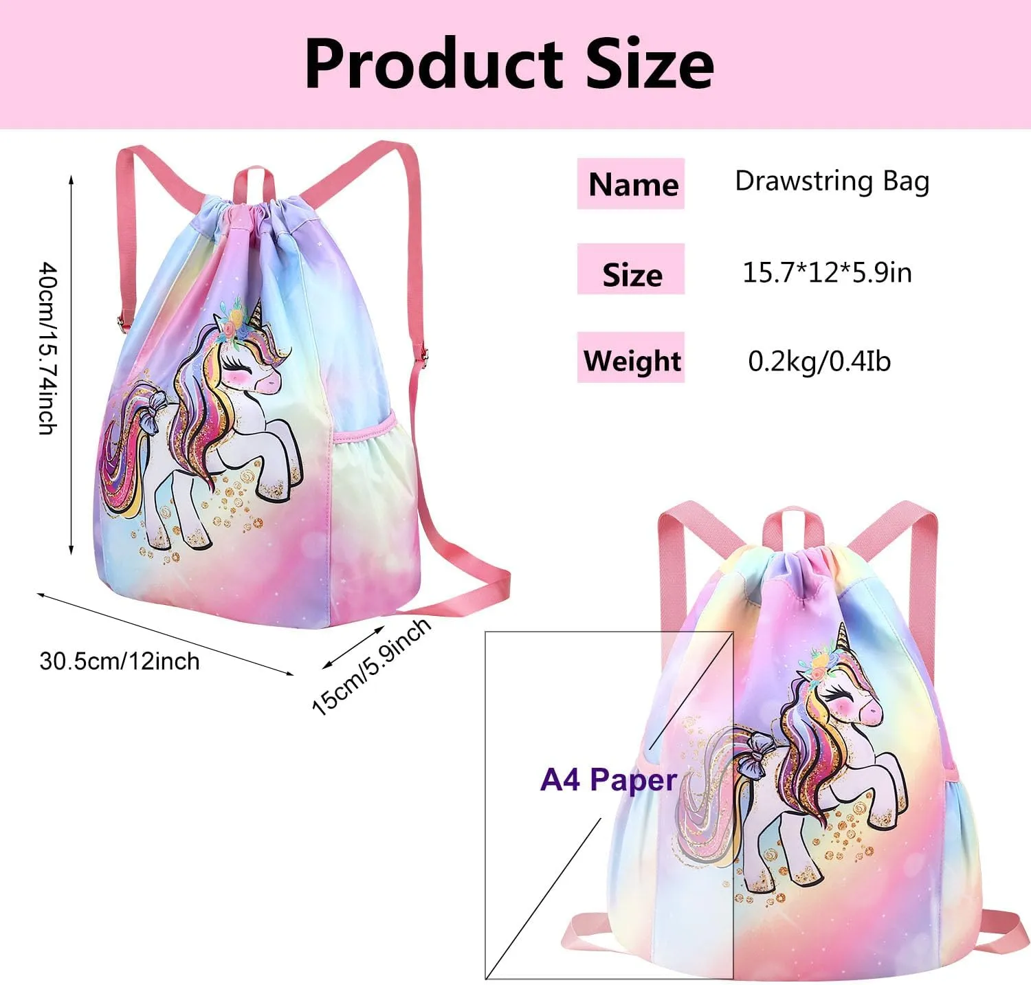 Drawstring Backpack for Kids - Girls Dance Bag,Sport Gym Beach Swim Travel Daypack