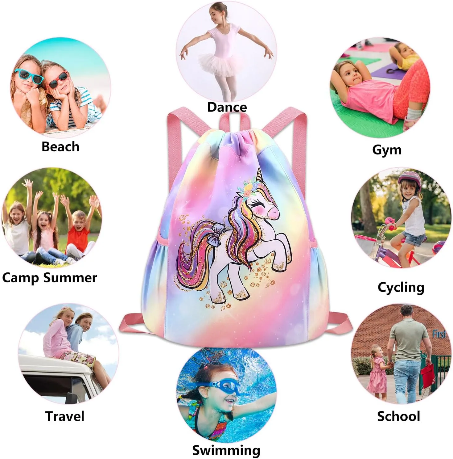 Drawstring Backpack for Kids - Girls Dance Bag,Sport Gym Beach Swim Travel Daypack