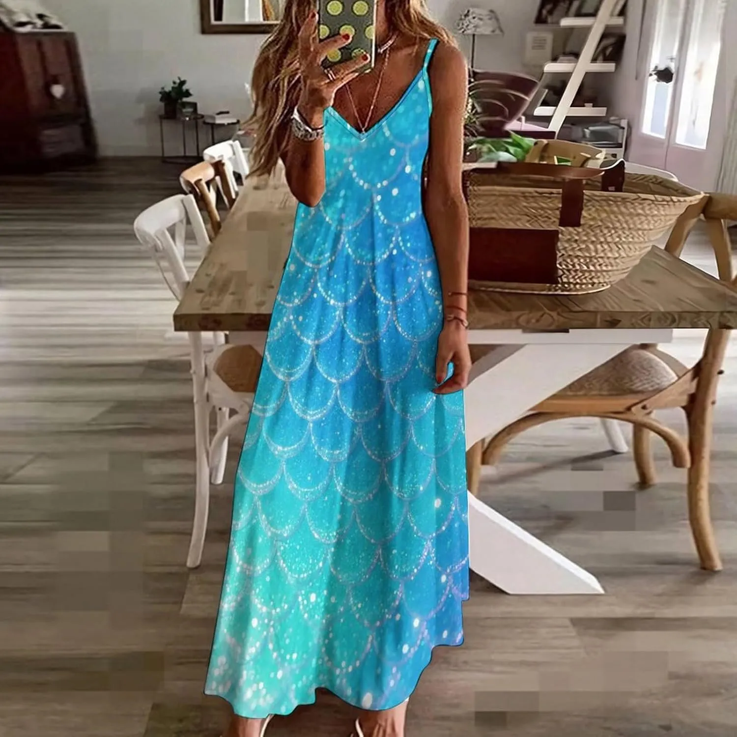 Dreamy Glitter Mermaid Scales Women's Ankle Length Dress Summer Maxi Long Dresses Sleeveless Strap Sundress