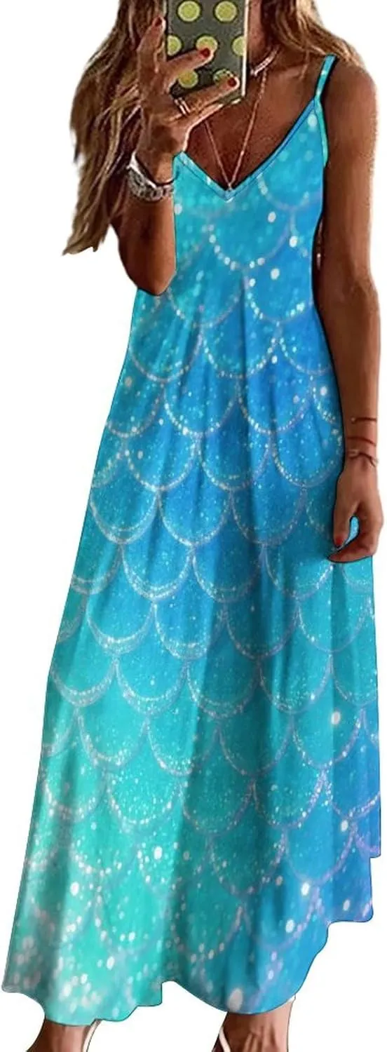 Dreamy Glitter Mermaid Scales Women's Ankle Length Dress Summer Maxi Long Dresses Sleeveless Strap Sundress
