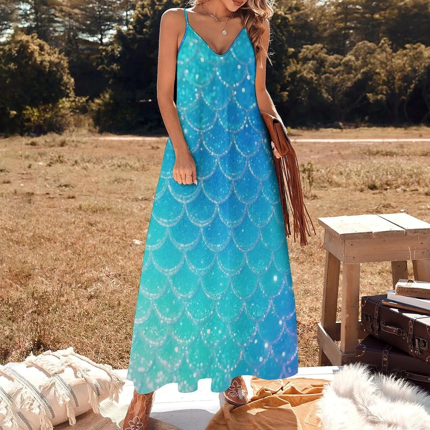 Dreamy Glitter Mermaid Scales Women's Ankle Length Dress Summer Maxi Long Dresses Sleeveless Strap Sundress