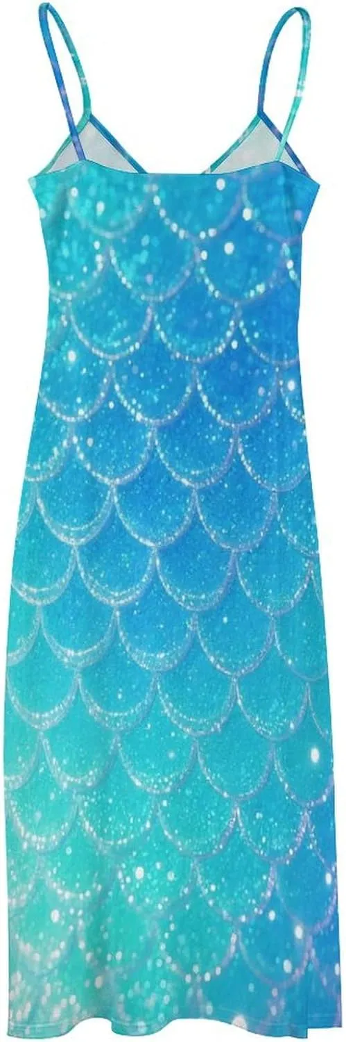 Dreamy Glitter Mermaid Scales Women's Ankle Length Dress Summer Maxi Long Dresses Sleeveless Strap Sundress
