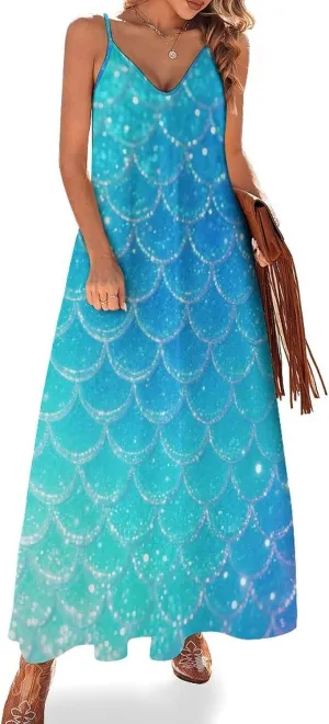 Dreamy Glitter Mermaid Scales Women's Ankle Length Dress Summer Maxi Long Dresses Sleeveless Strap Sundress