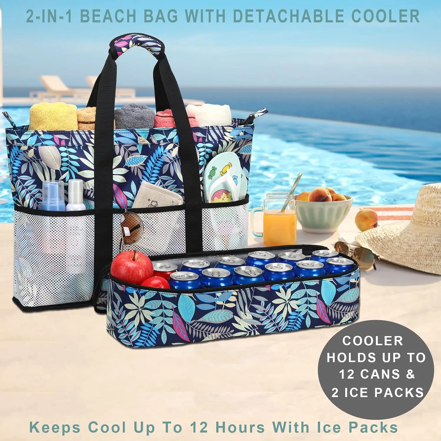 DSIUE Beach Bags with Cooler - Waterproof Sandproof Tote for Women - Large Pool Gym Travel Bag