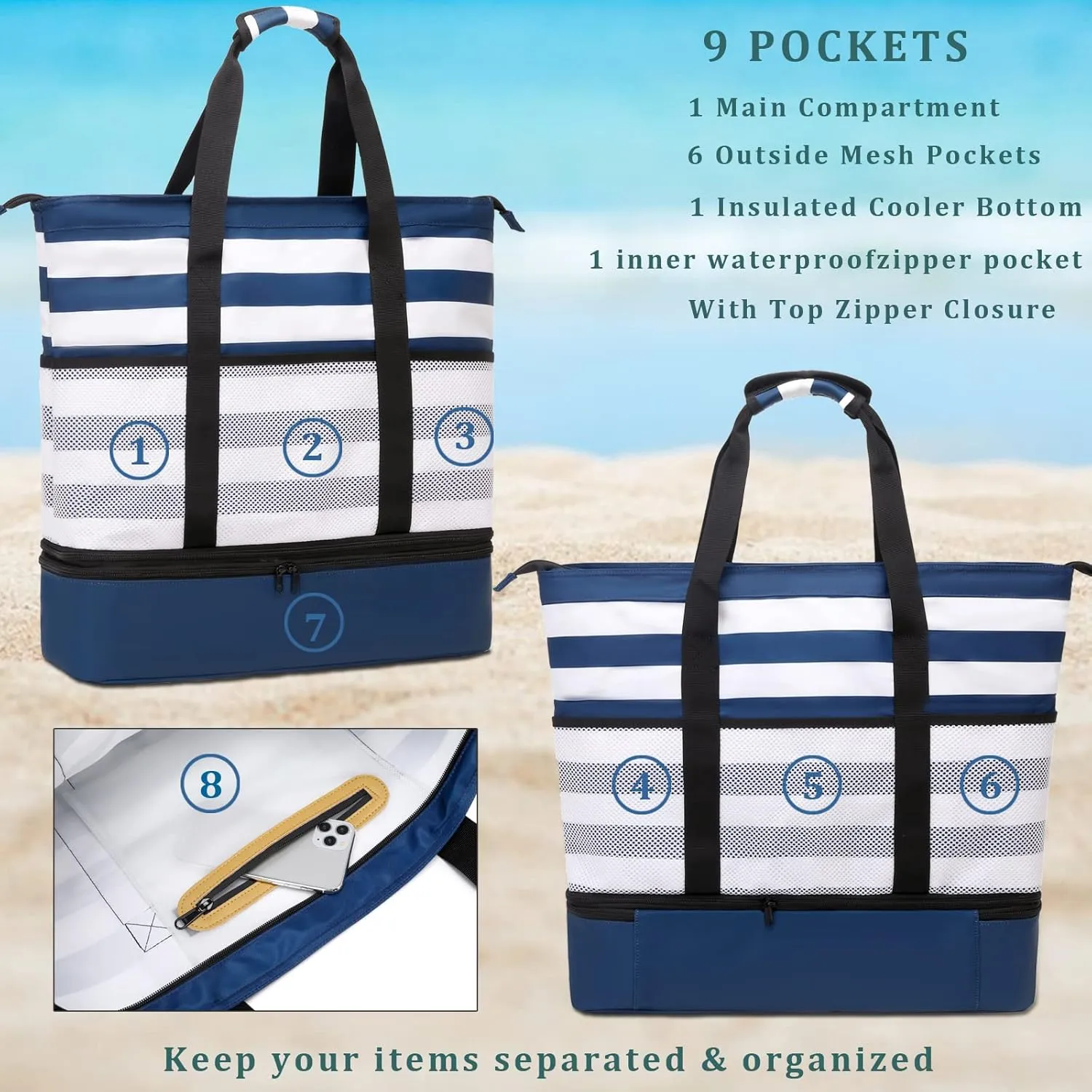DSIUE Beach Bags with Cooler - Waterproof Sandproof Tote for Women - Large Pool Gym Travel Bag
