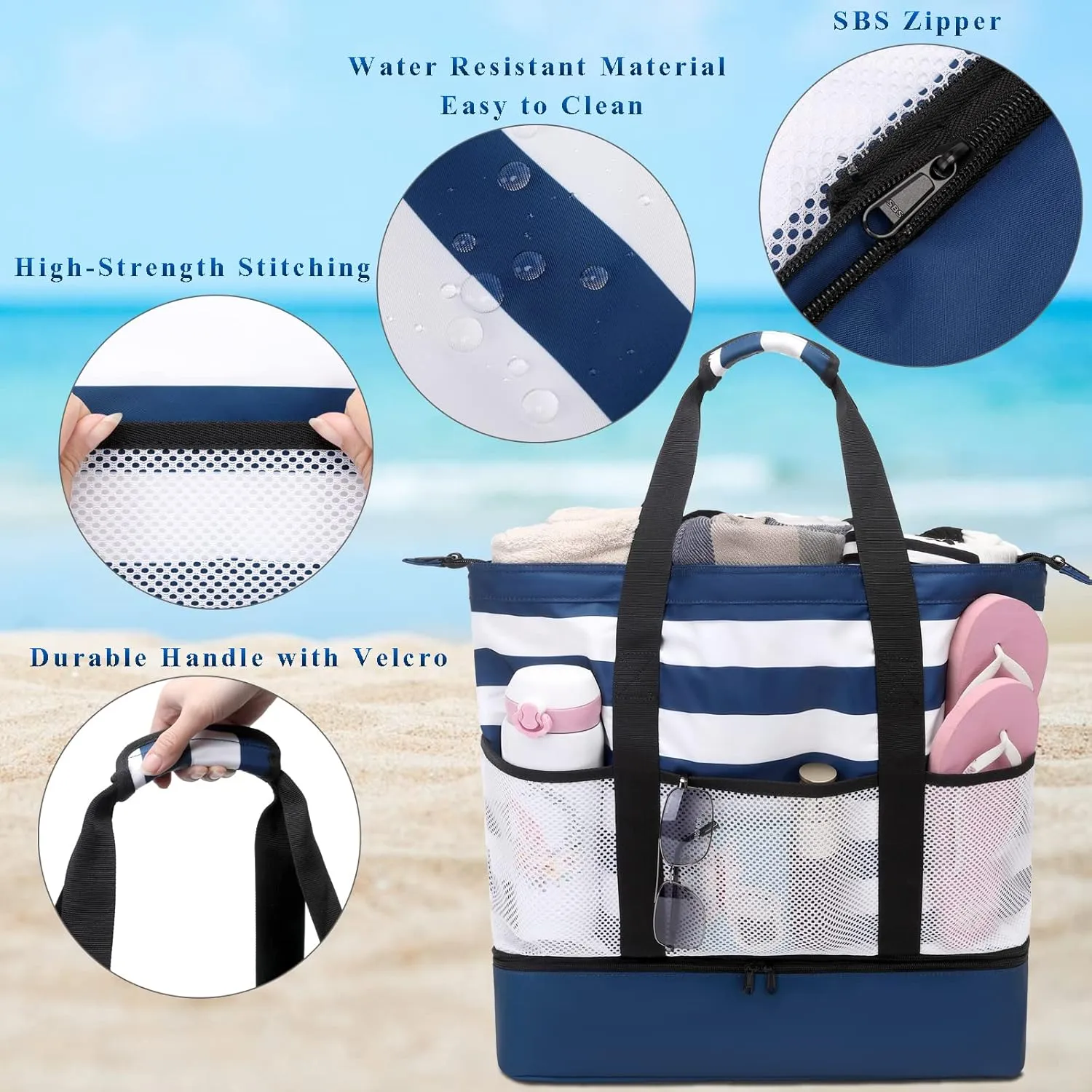 DSIUE Beach Bags with Cooler - Waterproof Sandproof Tote for Women - Large Pool Gym Travel Bag
