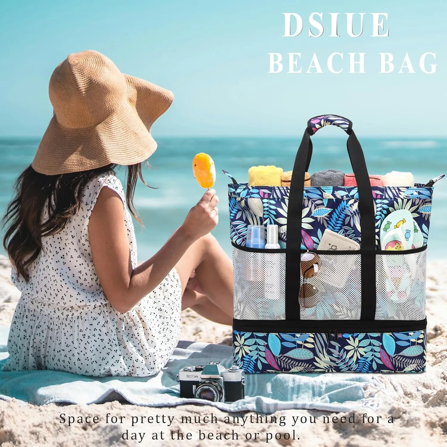 DSIUE Beach Bags with Cooler - Waterproof Sandproof Tote for Women - Large Pool Gym Travel Bag