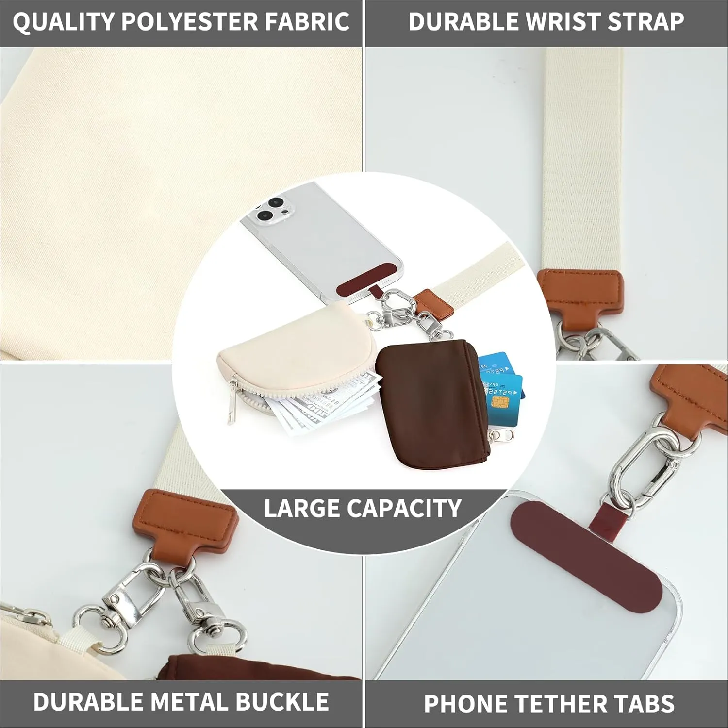 DYSHAYEN Dual Pouch Wristlet Wallet for Women Mini Portable Zip Around Keychain Wallet Coin Purse with TPU Phone Tether Tab（Brown Khaki）