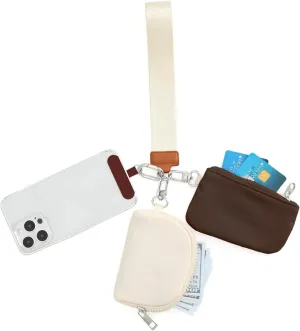 DYSHAYEN Dual Pouch Wristlet Wallet for Women Mini Portable Zip Around Keychain Wallet Coin Purse with TPU Phone Tether Tab（Brown Khaki）