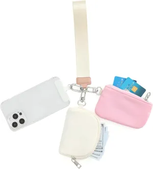 DYSHAYEN Dual Pouch Wristlet Wallet for Women Mini Portable Zip Around Keychain Wallet Coin Purse with TPU Phone Tether Tab（Pink -Beige）