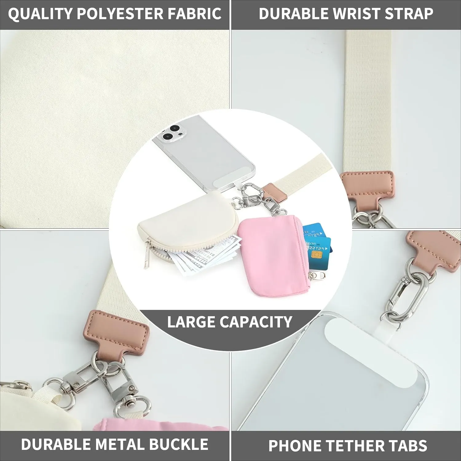 DYSHAYEN Dual Pouch Wristlet Wallet for Women Mini Portable Zip Around Keychain Wallet Coin Purse with TPU Phone Tether Tab（Pink -Beige）