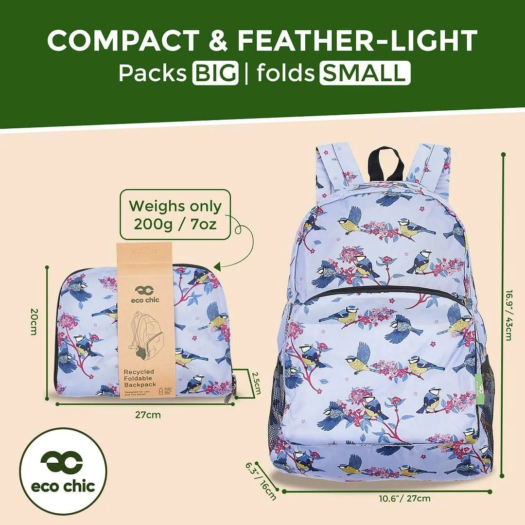 ECO CHIC Hiking Lightweight Packable Backpack - Foldable Daypack for Travel & Hiking & Outdoor Adventures - Waterproof Backpack from Recycled Materials (Blue Tits Lilac)