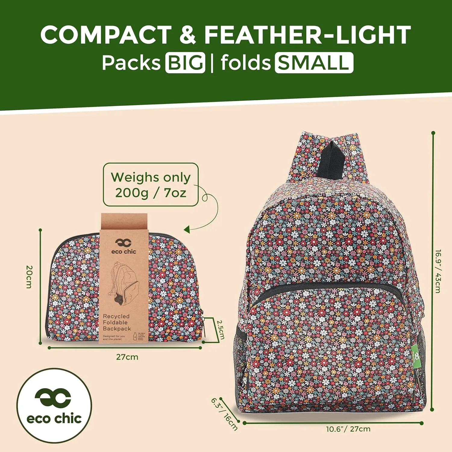 ECO CHIC Hiking Lightweight Packable Backpack - Foldable Daypack for Travel & Hiking & Outdoor Adventures - Waterproof Backpack from Recycled Materials (Ditsy Black)