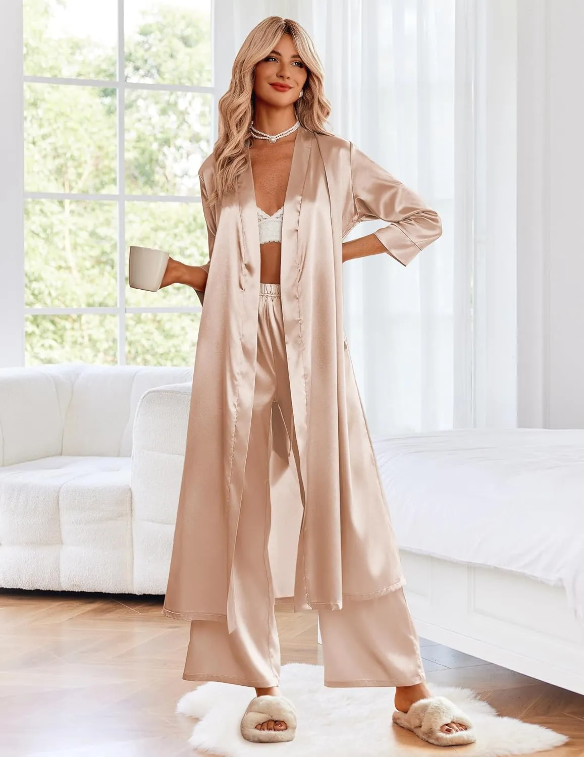 Ekouaer Silk Robes for Women Long Satin Bride Bridesmaid Wedding Party Robes Lightweight Sexy Sleepwear with Pockets
