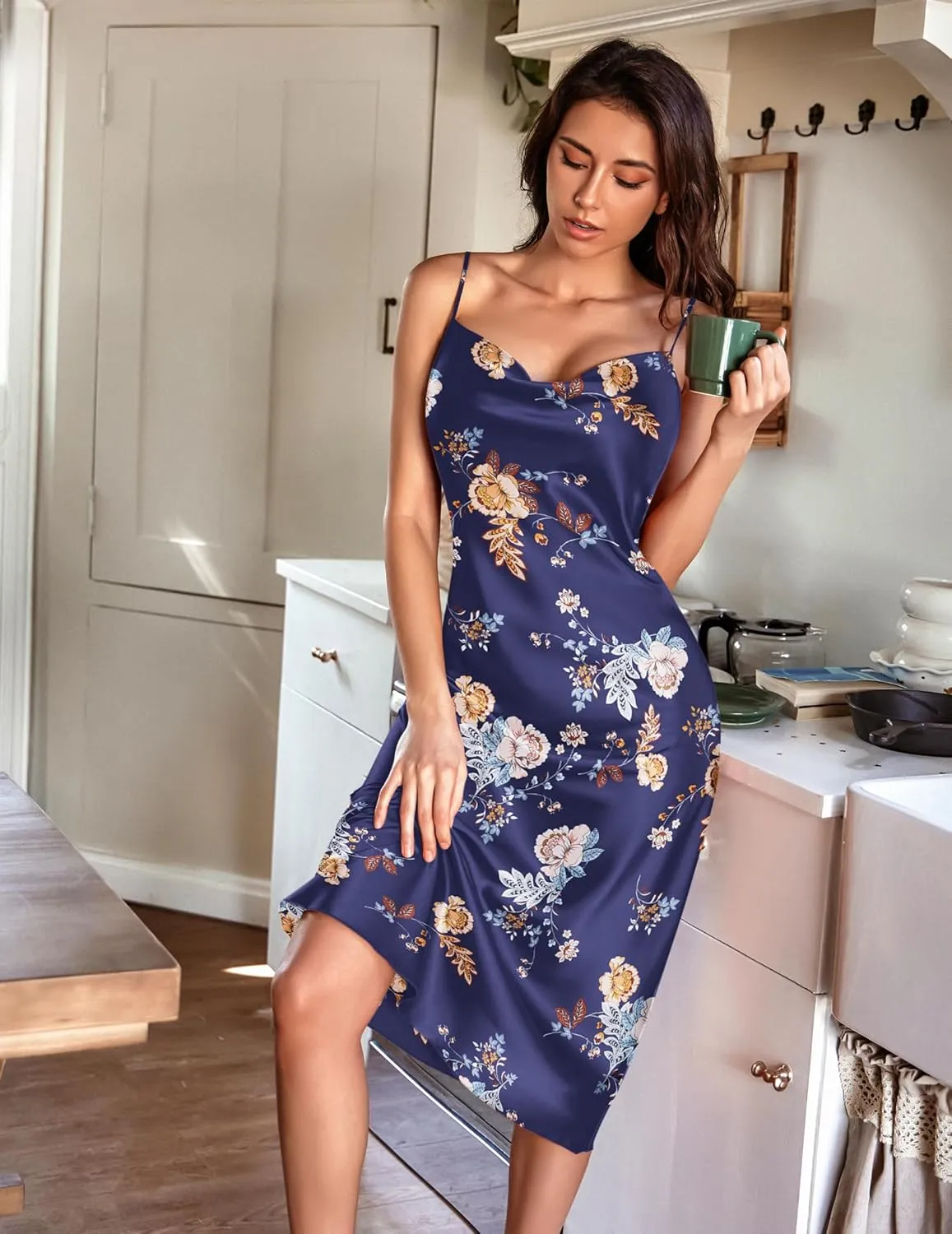 Ekouaer Womens Satin Nightgown Sexy Lingerie Sleepwear Spaghetti Strap Cowl Neck Elegant Long Slip Satin Silk Midi Dress