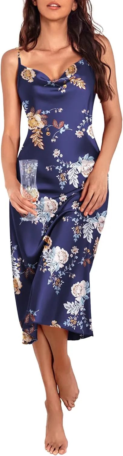 Ekouaer Womens Satin Nightgown Sexy Lingerie Sleepwear Spaghetti Strap Cowl Neck Elegant Long Slip Satin Silk Midi Dress