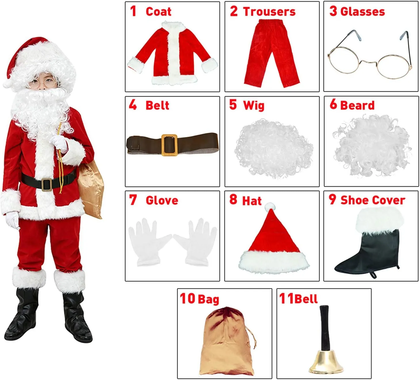 ELFJOY Children's Santa Suit Kids Christmas Halloween Costume Cosplay Set of 11 Pcs