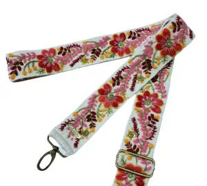 Embroidered bag strap, camera strap, adjustable bag, shoulder bag, peruvian handmade, ivory belt, red flower, ethnic, boho, gift for her