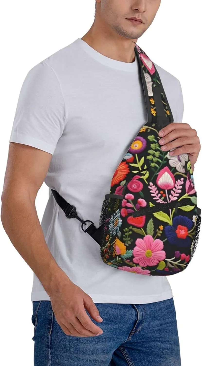 Embroidery Flower Print Sling Bag Crossbody Bag for Men Women, Daypack Chest Backpack Shoulder Bag for Travle Hiking