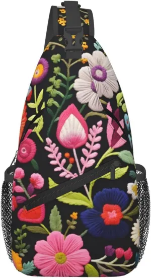 Embroidery Flower Print Sling Bag Crossbody Bag for Men Women, Daypack Chest Backpack Shoulder Bag for Travle Hiking