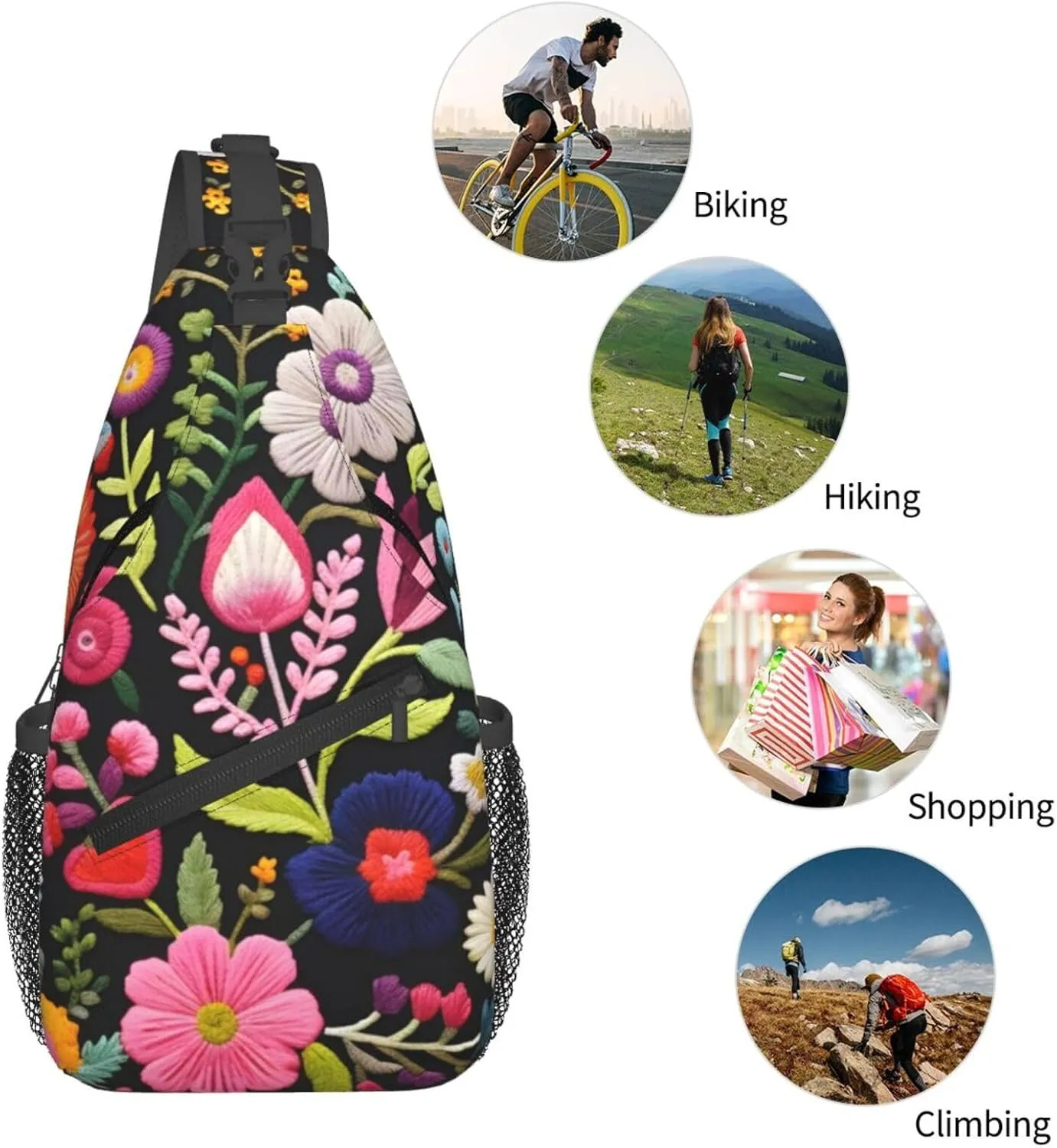 Embroidery Flower Print Sling Bag Crossbody Bag for Men Women, Daypack Chest Backpack Shoulder Bag for Travle Hiking