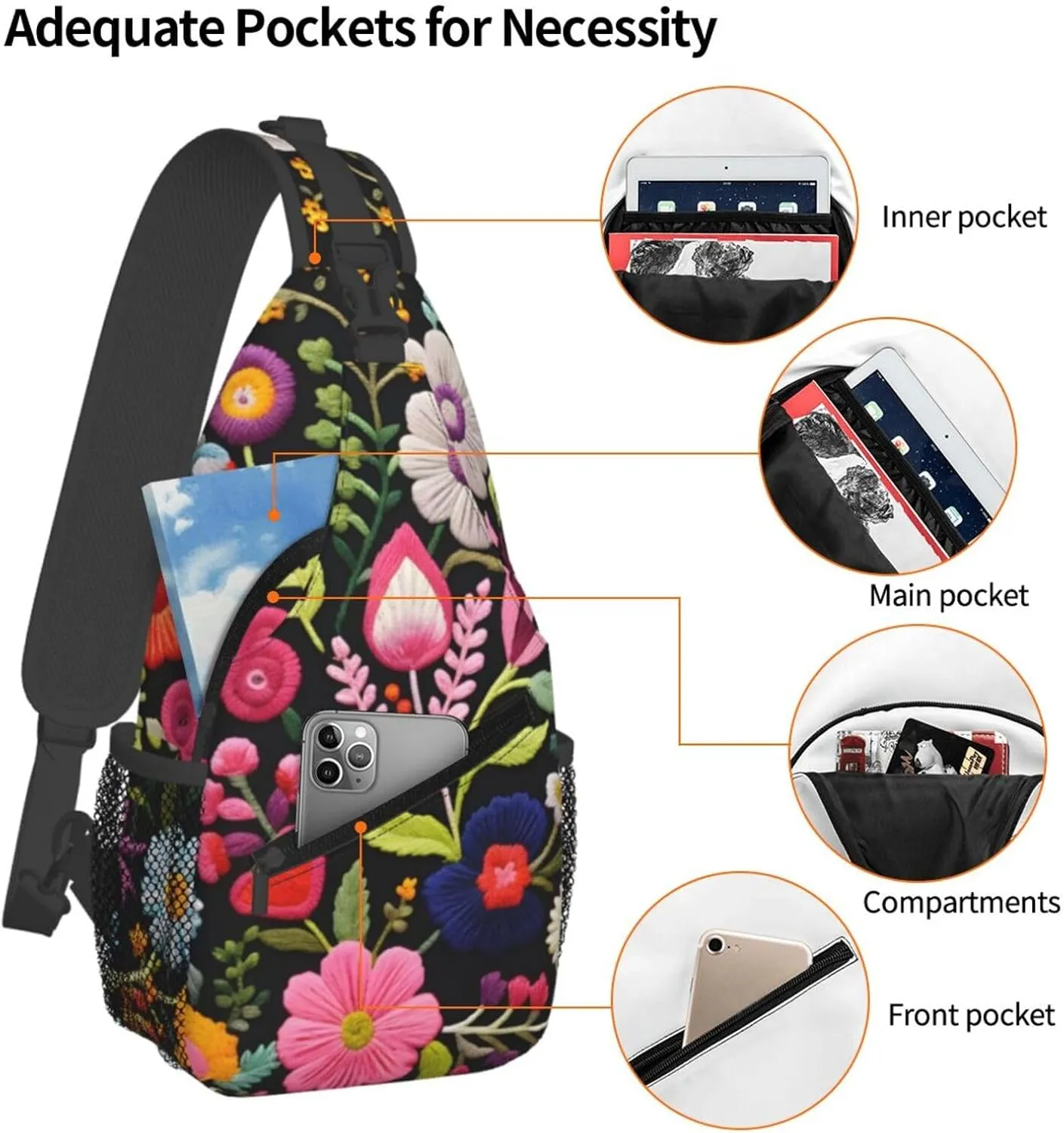 Embroidery Flower Print Sling Bag Crossbody Bag for Men Women, Daypack Chest Backpack Shoulder Bag for Travle Hiking
