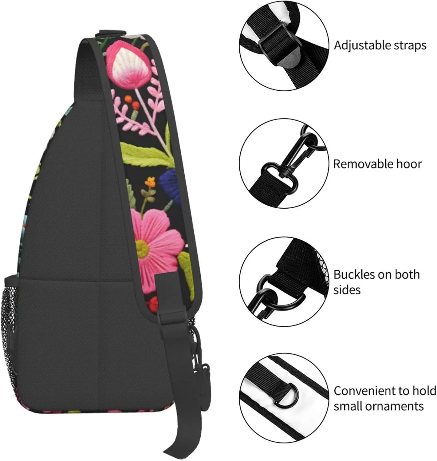 Embroidery Flower Print Sling Bag Crossbody Bag for Men Women, Daypack Chest Backpack Shoulder Bag for Travle Hiking