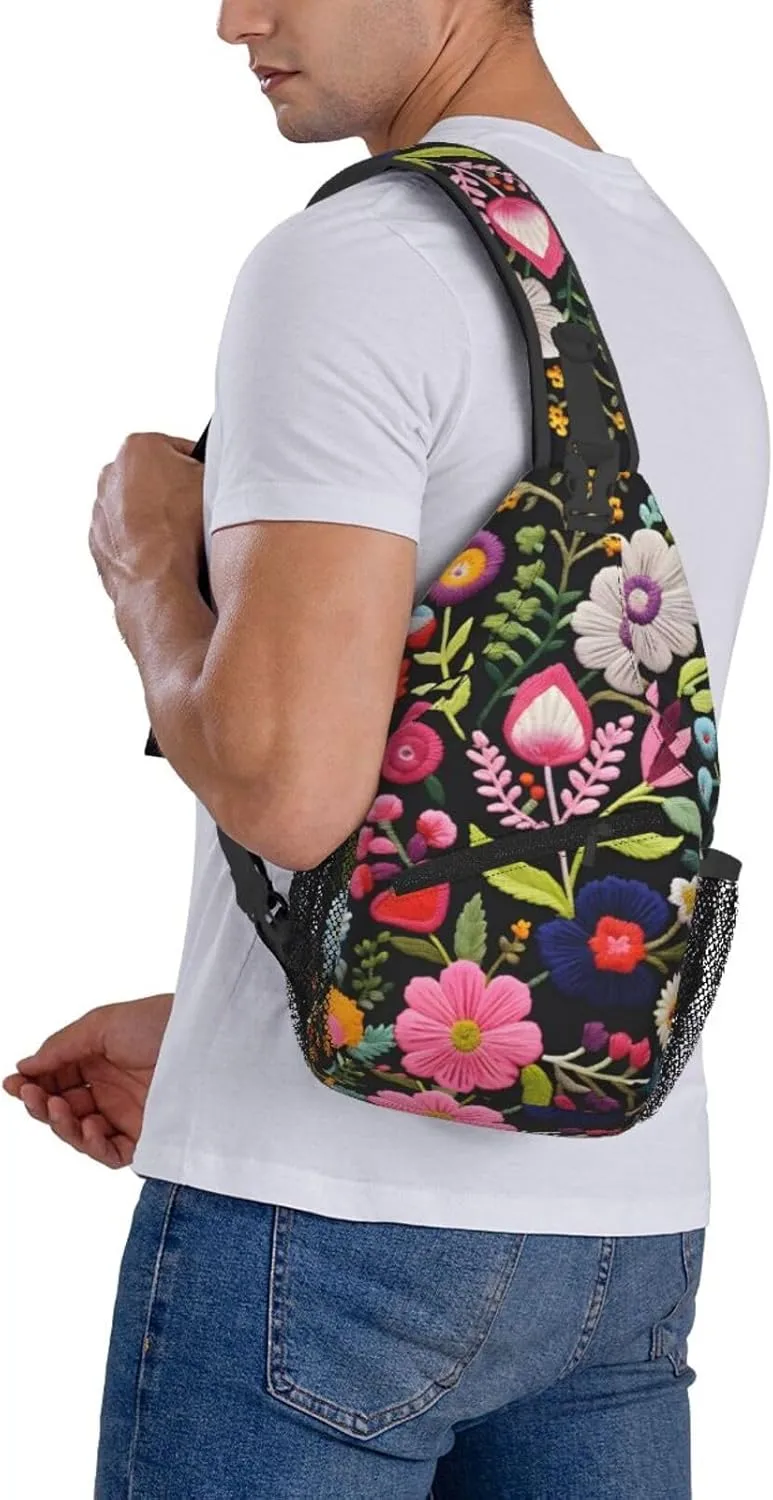 Embroidery Flower Print Sling Bag Crossbody Bag for Men Women, Daypack Chest Backpack Shoulder Bag for Travle Hiking