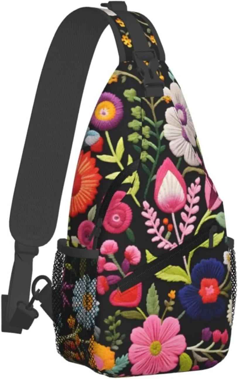 Embroidery Flower Print Sling Bag Crossbody Bag for Men Women, Daypack Chest Backpack Shoulder Bag for Travle Hiking