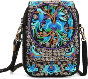 Embroidery Flowers Canvas Crossbody Bag, Women Messenger Bag, Cellphone Pouch Purse