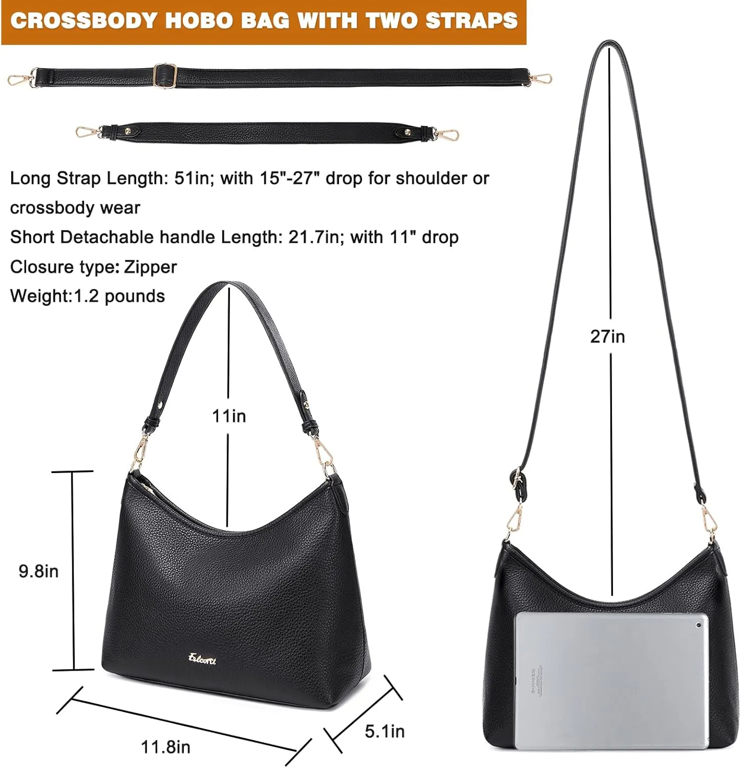 Eslcorri Hobo Bag for Women, PU Leather Crossbody Purse Travel Shoulder Satchel Bags Ladies Tote Handbags with 2 Straps