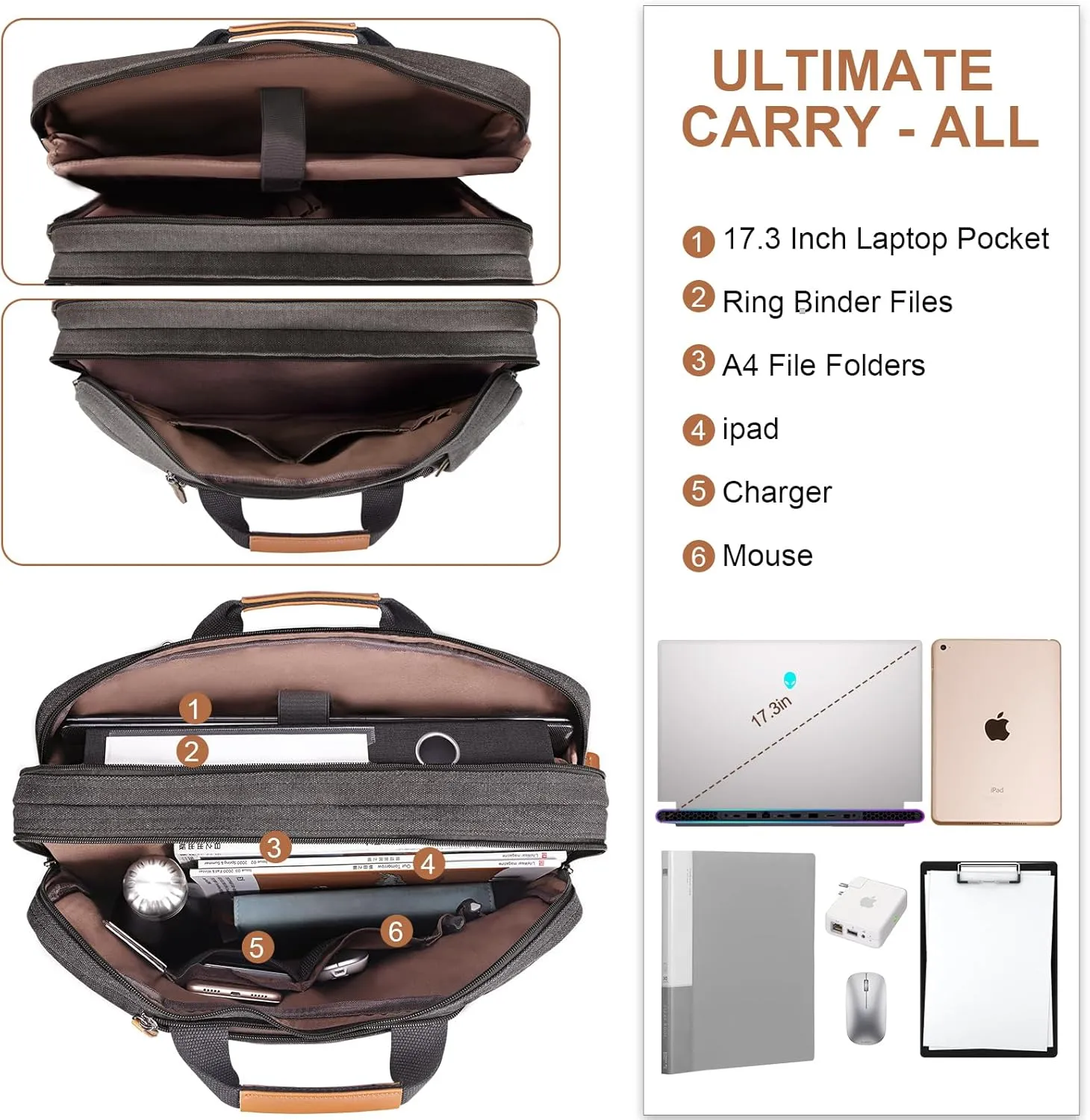 ESTARER 3 in 1 Computer Bag for Men, 17-17.3 Inch Laptop Messenger Bag for Business/Work/Travel, Convertible Backpack Briefcase Water Resistant Canvas (Grey)