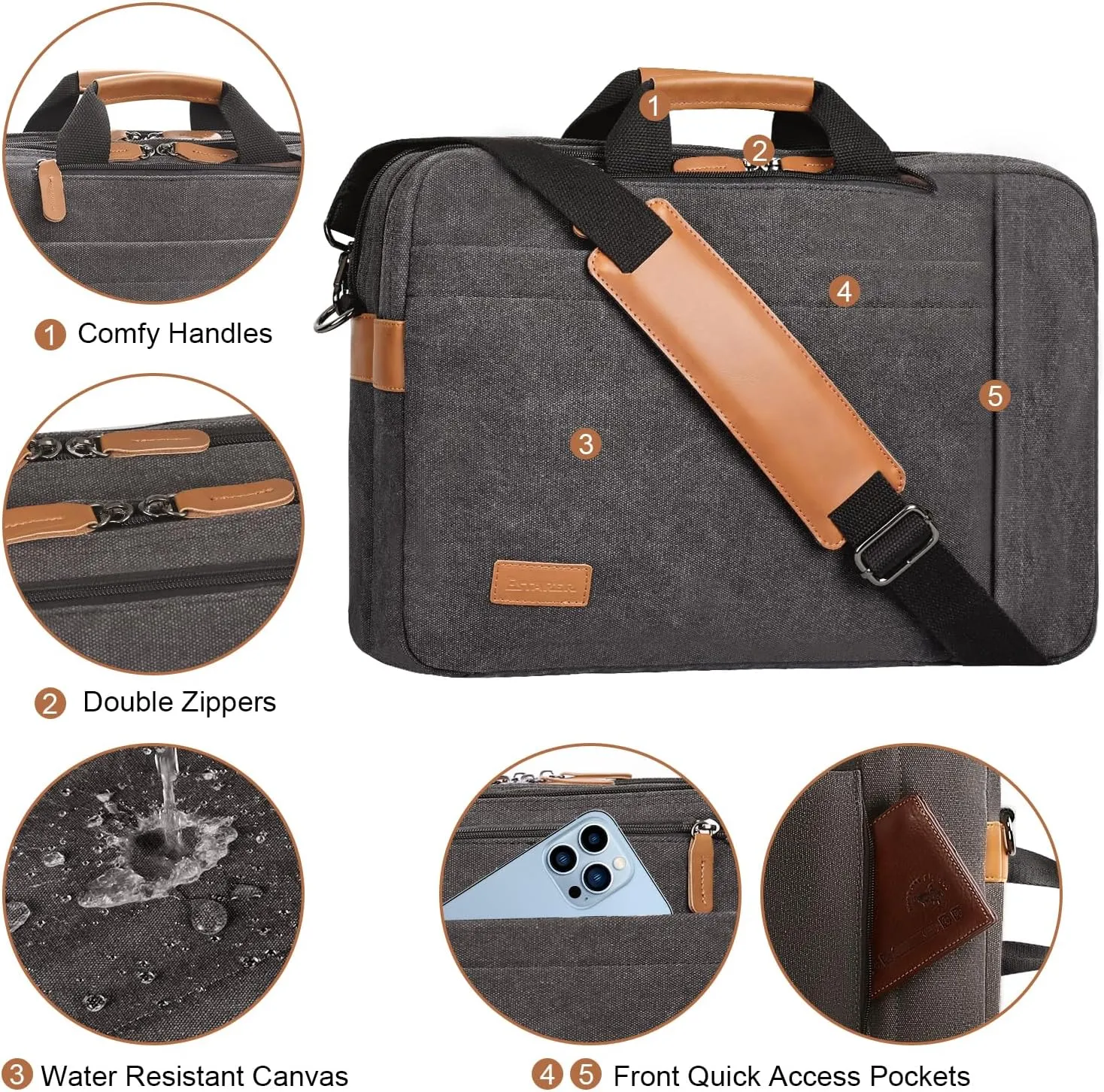 ESTARER 3 in 1 Computer Bag for Men, 17-17.3 Inch Laptop Messenger Bag for Business/Work/Travel, Convertible Backpack Briefcase Water Resistant Canvas (Grey)