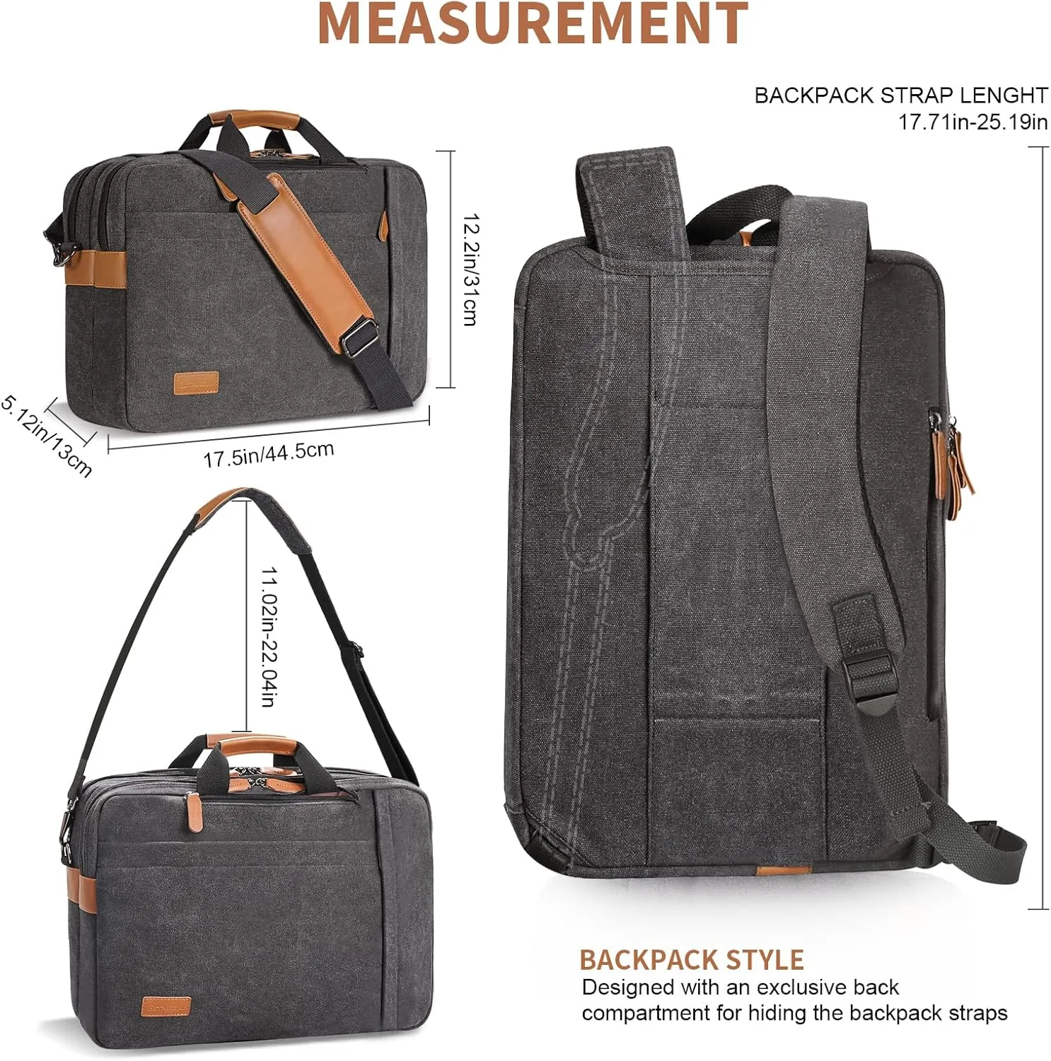 ESTARER 3 in 1 Computer Bag for Men, 17-17.3 Inch Laptop Messenger Bag for Business/Work/Travel, Convertible Backpack Briefcase Water Resistant Canvas (Grey)