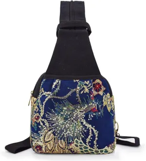 Ethnic Style Phoenix Embroidery Women's Double-layer Canvas Chest Bag Backpack With Zipper(Dark Blue)